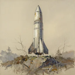 extremely detailed abandoned rocket ship, distant knotted branches, unfinished canvas, dry brush texture, strokes visible, underbrush wash, rocky crag, alpine climate