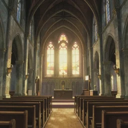 the inside of an empty church, sunrise, dramatic lighting, art by hayao miyazaki, studio ghibli film, hi res, 4k, high detail