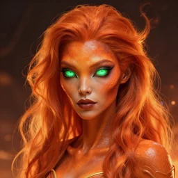 beautiful female alien with glowing green eyes, orange skin and long fiery hair, concept art by Mark Arian, highly detailed, ultra detailed, ultra realistic, trending on artstation