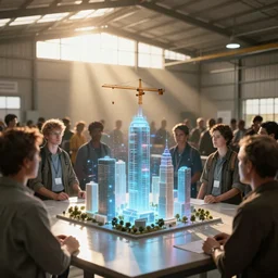 crowd in simple warehouse, looking at hologram of futuristic city on a table, cinematic concept art, godrays, golden hour, natural sunlight, 4 k, clear details, tabletop model buildings, center model buildings, hologram center, crane shot, crane shot, crane shot