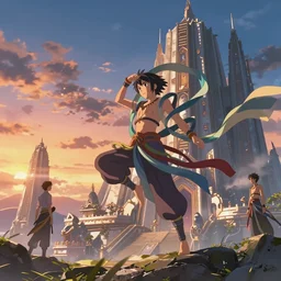 Himalayan in a futuristic temple, beautiful flowing fabric, sunset, dramatic angle, dynamic pose, 8k hdr pixiv dslr photo by Makoto Shinkai ilya kuvshinov and Wojtek Fus