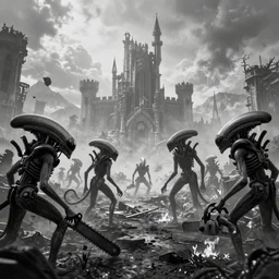 confusing perspective, 6 xenomorphs, highly detailed background, black and white, unknown city castles, haze, landscape, 4 k, photograph, tentacles, chainsaw, distant mountains, clouds melting, ground burning