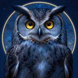 cinematic lighting, digital painting, sharp focus, concept art, symmetrical, portrait of a gray owl, album cover art, highly detailed, alphonse mucha, blue night lighting, cgsociety, bright golden eyes in the night, art by greg rutkowski, artstation, illustration