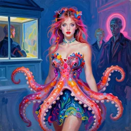 a beautiful girl in neon lighting wearing a colourful octopus as a dress, painted by edgar maxence, edward hopper, wayne barlowe and james gilleard, airbrush, art by jamesjean