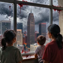macro photograph impoverished migrants gazing out through a large skyscraper window covered in blood behind severe weather storms, Los Angeles, detailed ambient lighting, hyper realistic, vibrant colors, cinematic, Fantasy art style, digital art painting by Neil Blevins, cinematic, 35mm grain filter, artstation