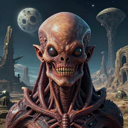 full - face close - up portrait, the anatomy of a celestial cosmic lovecraftian horror monster by bruce brenneise and peter mohrbacher, ancient alien ruins in background, large exoplanet in the sky, alien planet with craters and mountains and large structures, alien weapons, 3 d render, neosurrealism. digital concept art, pixel art, rendered in octane, trending on cgsociety, trending on artstation
