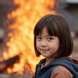 a very young girl in the foreground with short straight hair gives a sideways glance and a smirk at the camera. in the background, slightly out of focus, we see a huge fire. high resolution photograph