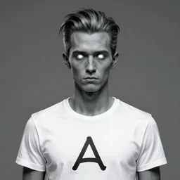 concept art of cronus ampora from homestuck, realistic grey skinned man with white irises, slick back greaser hair, wearing a white t shirt with aquarius logo on it, by seb mckinnon