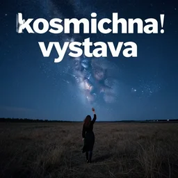 album cover!, with text! kosmichna vystava!, a beautiful landscape of a starry sky with an beautiful woman waving to the horizon, cinematic, dramatic, photojournalism, highly detailed