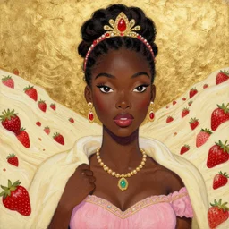 black - skinned princess of the strawberry cream valley. this heavily stylized gouache and gold leaf work by an indie comic artist has interesting color contrasts, plenty of details and impeccable lighting.