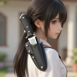 bird-mounted knife holster, hyperrealistic, concept art, octane render, trending on DeviantArt, highly detailed, high quality, 8K, soft lighting, cute, natural lighting, realistic face, trending on Artstation, e621, elegant clothes, profile picture, path traced, house background