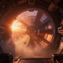 interior of retro futuristic starship reactor core, ilm, beeple, star citizen halo, mass effect, 2001 space odyssey, elysium, warm saturated colours, atmospheric perspective, dramatic sunset, volumetric light scattering, dustlight, god rays, dust