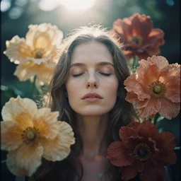 An analog head and shoulder frontal face photography of a Caucasian woman surrounded by big!!!!!!! flowers by Marta Bevacqua. Vogue. Long hair. closed eyes. Kodak Portra 800 film. Depth of field. whirl bokeh. Sunshine. detailed. hq. realistic. warm light. muted colors. Moody. Filmic. Dreamy. lens flare. Leica M9, f/1.2, symmetrical balance, in-frame