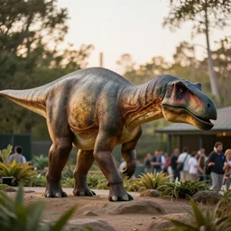 photograph of a real brontosaurus exhibit at san diego zoo, tourists in background, bokeh, high definition, slr, golden hour, 4 k