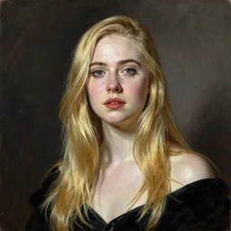 a striking hyper real painting of Elle Fanning by Jan Matejko