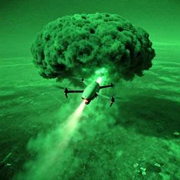 combat drone strike war footage, ir, infrared color, saturated with green tint, very high contrast, nuclear cloud, high angle vertical, dirty, grainy, noisy, bad drone camera, airwaves, static,