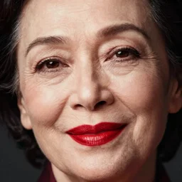 hdr extreme close up of my aunts face, bright red lipstick, heavy makeup, studio portrait, annie liebovitz