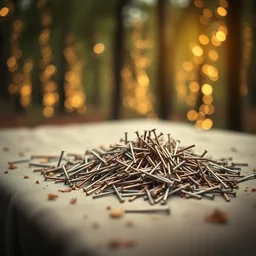 5 5 mm photo of a pile of freshly nails on a table cloth in a magical forest. dof. bokeh. magical atmosphere. art by greg rutkowski. highly detailed 8 k. intricate. lifelike. soft light. nikon d 8 5 0.