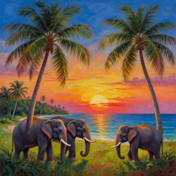 psychedelic surreal oil painting of a sri lankan landscape at sunset, coconut trees morphing into elephants in the foreground, ocean sunset in the background, realistic oil painting