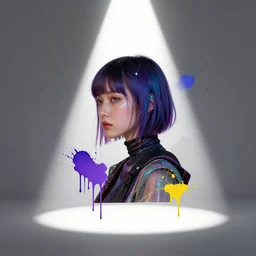contemporary collage of a cyberpunk girl, spotlight, minimal, paint drips, mixed media, paint splatter, vibrant colors, futuristic clothing, rule of thirds, beautiful face, by john baldessari, max ernst, david maljkovic