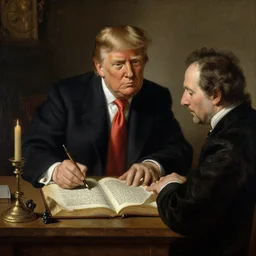 Donald Trump writing the vulgate, painted by Rembrandt and Sargent-S 2195413198