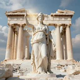 an ancient greek beautiful goddes surrounded by white greek temples and epic heavens, parthenon, athens, atmospheric volumetric light, hyper realistic, detailed, high detail, hyper realism