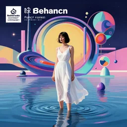 a woman in a white dress standing in the water, an album cover by mike winkelmann, behance contest winner, cubo - futurism, synthwave, outrun, chillwave, trending on artstation