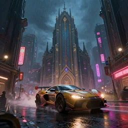 a tron speed chase down a brutalism looking city, dim neon lights, lens flare, scale, night life, heavy rain, deep focus, d & d, fantasy, intricate, elegant, highly detailed, digital painting, artstation, concept art, matte, sharp focus, illustration, hearthstone, art by artgerm and greg rutkowski and alphonse mucha