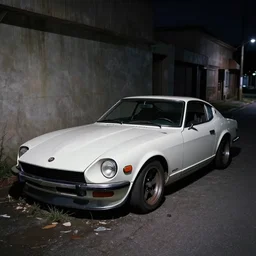 decaying white 350z roadster abandoned in alley night time decrepit shot from bladeruner 2049 soft lighting dark shadows beautiful 65mm camera Ryan Church