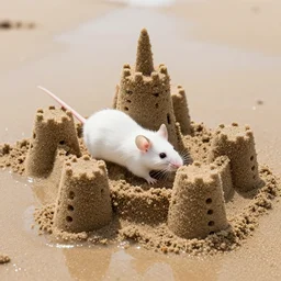 dslr photo still of a little white mouse inside an intricate sand castle on wet sand in a bright sunny day, 8 k, 8 5 mm f 1. 4