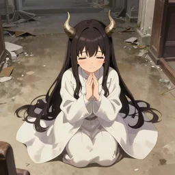 cute japanese girl with small horns, with long silky hair, dressed in an old white coat, praying on the floor of a destroyed church, with an elegant smile, view from above, detailed artwork by Yoji Shinkawa