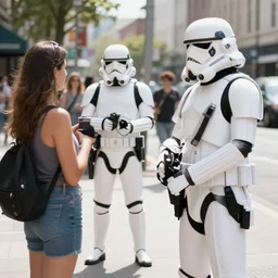 two stormtroopers taking pictures with women on the street