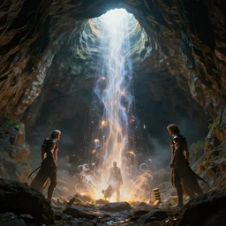 a mystical cave, energy stream, photoreal, dramatic, cinematic, detailed, magnificiant, realistic, photo real, unreal engine 5, rule of thirds, dynamic lighting, in the style of eddie mendoza, raphael lacoste and sebastian luedke