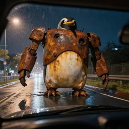 giant rust robot penguin destroyed in a middle of road, photojournalism, shot on 7 0 mm, first - person view, accent lighting, in rainy night, the photo as taken inside of car