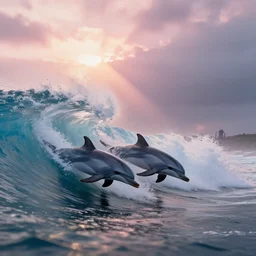 dolphins surfing on a big translucent wave, sun rays across sky, pink golden hour, stormy coast,  tentacles in the distance, intricate, highly detailed, shallow depth of field, epic vista, Ralph Horsley, Daniel F. Gerhartz, Artgerm, Boris Villajo, Lilia Alvarado