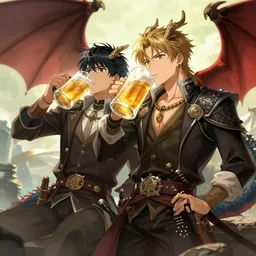 a dward and a dragon drinking a beer, fantasy art, anime