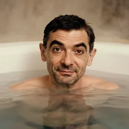 photographic portrait by Annie Leibovitz of mr bean in a hot tub, closeup, foggy, sepia, moody, dream-like, sigma 85mm f/1.4, 15mm, 35mm, 4k, high resolution, 4k, 8k, hd, full color
