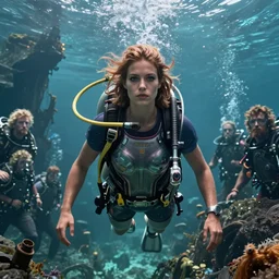 detailed ultrarealistic photography front medium shot of waterworld, scuba diver, postapocalyptic, scifi cyberpunk, warrior girl, leyendecker, norman rockwell, greg rutkowski, artstation cinematic, vray game of thrones, lord of the rings