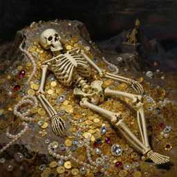 dark concept art of a skeleton laying in the middle of a mountain of precious jewels and golden coins, pearl, rubi, diamonds, gold, painting by wlop, nixeu and greg rutkowski, beautiful, semirealism, artstation, octane render, oil painting, sharpness, 8 k, golden ratio