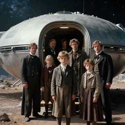 sharp, 35mm still from a sci fi blockbuster movie made in 222, set in 1860, of a family leaving a spaceship, that has just landed on an alien planet, wearing 1850s era clothes, cinematic lighting, 4k, in focus faces, oscar winner, high quality photography, 35mm macro lens