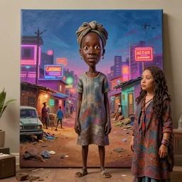 stylish caricature art of a deserted neon lit ajegunle slum in nigeria, photographed by vivian maier, unreal engine 3 d vfx render, digital illustration by mike winkelmann, intricate detail, volumetric light, ray tracing, soft light, colourful, claymation, acrylic on canvas, cinestill, rule of thirds,