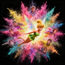 portrait of tinker bell flying through a centered explosion of colorful powder on a black background, wlop, steve argyle, ilya kuvshinov, ralph horsley, rossdraw, mark ryden, daniel f. gerhartz, sophie anderson, lilia alvarado, tom chambers