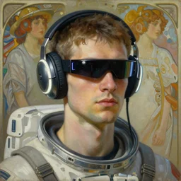 future coder man looking on, slim narrow cyclops visor over eyes and sleek bright headphoneset, neon accent lights, headshot portrait painting by dean cornwall, ilya repin, rhads, tom whalen, alex grey, alphonse mucha, donoto giancola, astronaut cyberpunk electric fashion photography