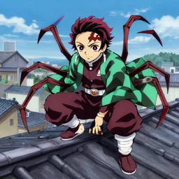 spider demon on the roof top, demon slayer anime style