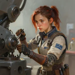 a portrait digital painting of a young girl that looks a bit like aloy from horizon : new dawn. she's wearing a mechanics uniform and has been working on some large machinery. painted by artgerm, ross tran.