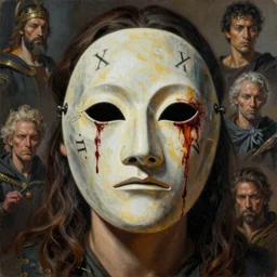 A mixed media portrait painting of a man wearing the mask of damocles, detailed mask, detailed jaw and eyes, dried blood, by Frank Frazetta, Boris Vallejo, Greg Rutkowski, Beeple, Yoko Taro, Christian MacNevin, epic fantasy character art, roman numerals, high fantasy, CGsociety, full length, exquisite detail, post-processing, masterpiece, cinematic