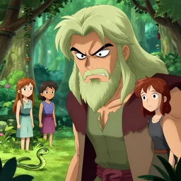 Close-up of God being angry in the Garden of Eden. Adam and Eve look very guilty and the snake is leaving the scene quietly - in Jojo bizarre adventures