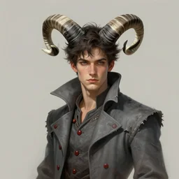 a triple a game concept art of a handsome young man with large imp horns on a head in tattered slate - gray collared coat with red buttons, black and white curved striped horns, art by cushart krentz and greg rutkowski, elegant, front view, male person concept art, sharp focus, morandi color scheme, fantasy style, illustration, high quality, digital art, hyperrealism, octane render, commission art