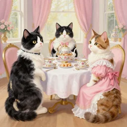 calico cat trio enjoying a fancy english tea party, painting, ca. 1 3 7 3