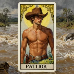 a dramatic, epic, ethereal tarot painting of a handsome!! brown shirtless cowboy wearing a cowboy hat | background is a torrential flooding river | tarot card, art deco, art nouveau | by Mark Maggiori | trending on artstation